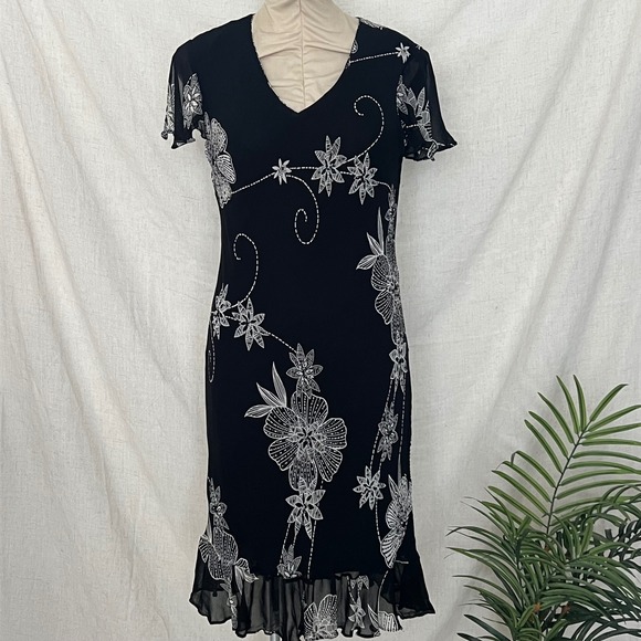 Vintage Y2K Eva Blue Black Floral Beaded V Neck Dress Women's Size 10 - Picture 1 of 11
